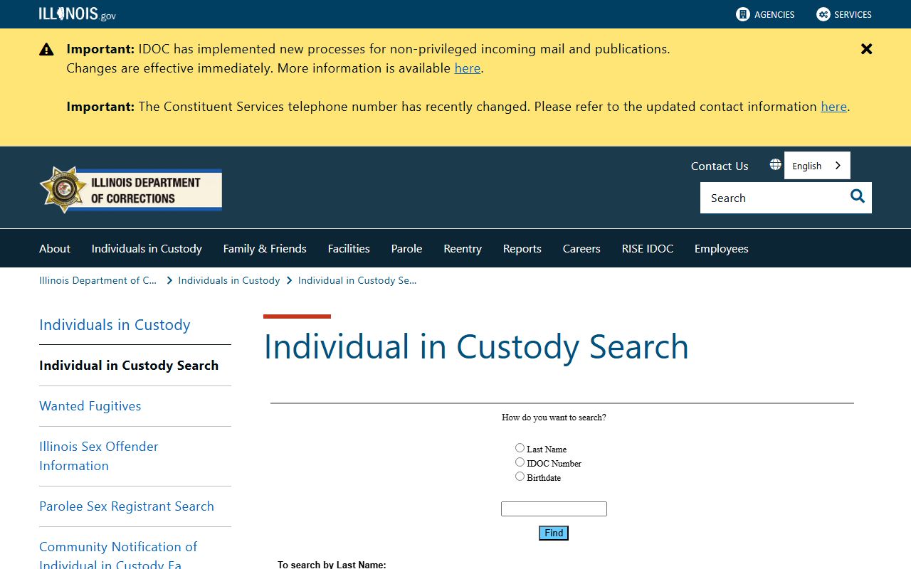 Illinois IDOC inmate search page for sentenced state prisoners from Peoria County