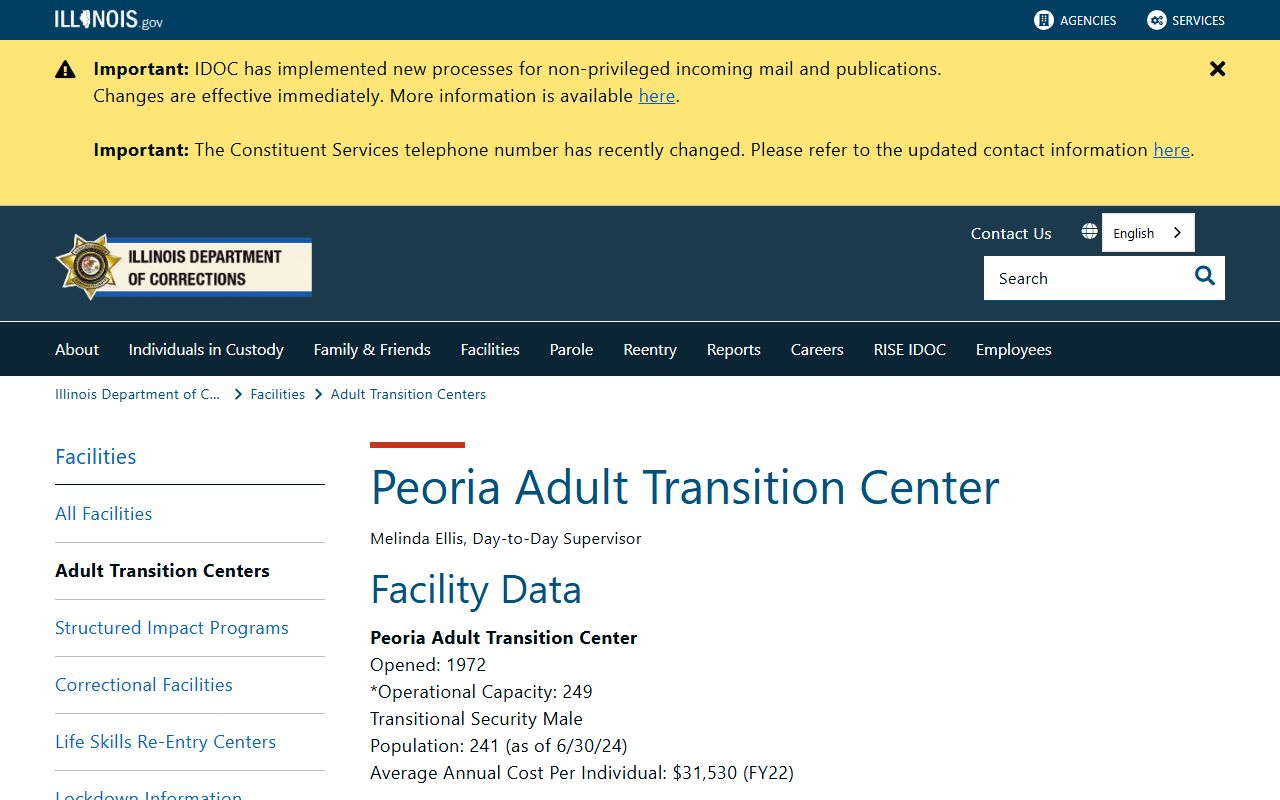 Peoria Adult Transition Center IDOC facility page with capacity, population, and visitation details
