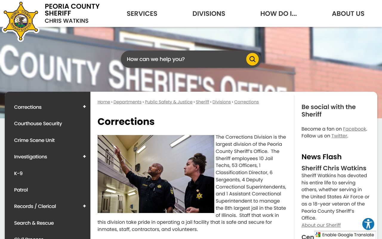 Peoria County Sheriff Corrections Division page describing the jail and inmate population