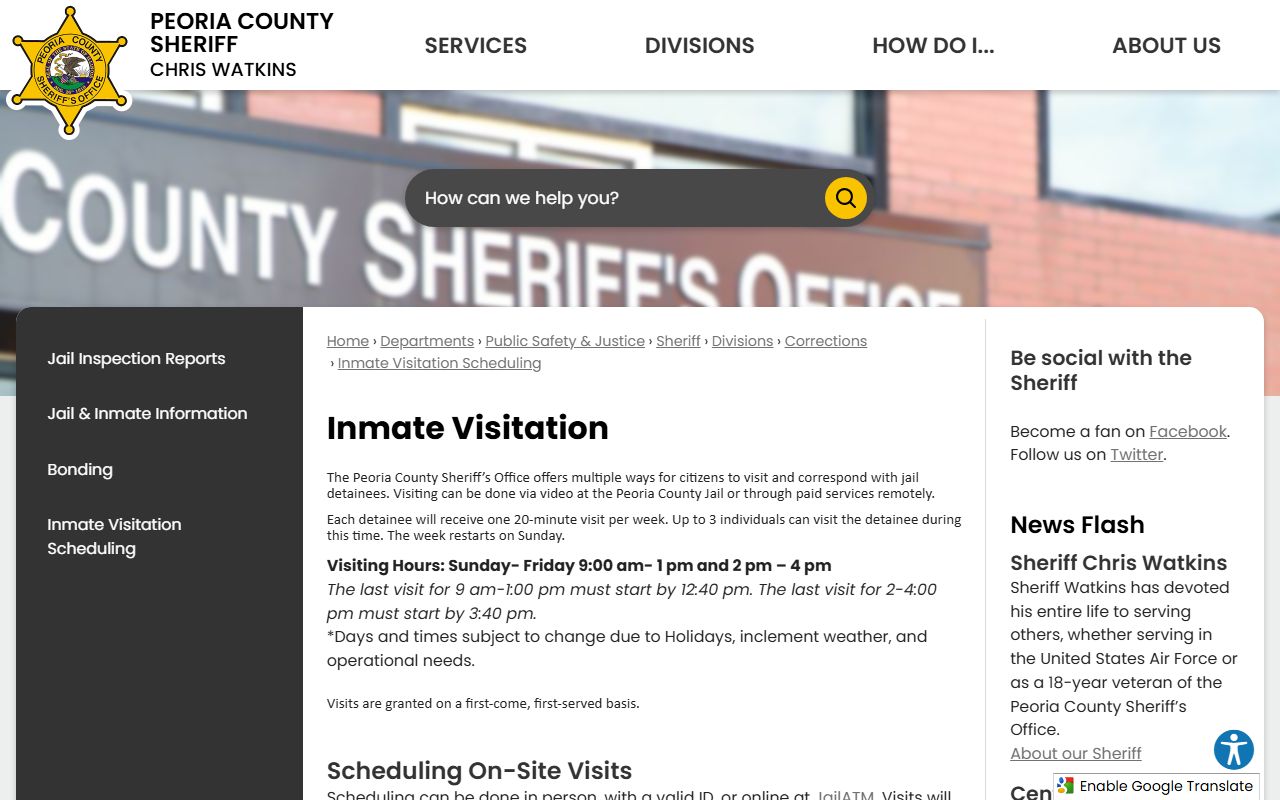 Peoria County jail inmate visitation scheduling rules and hours
