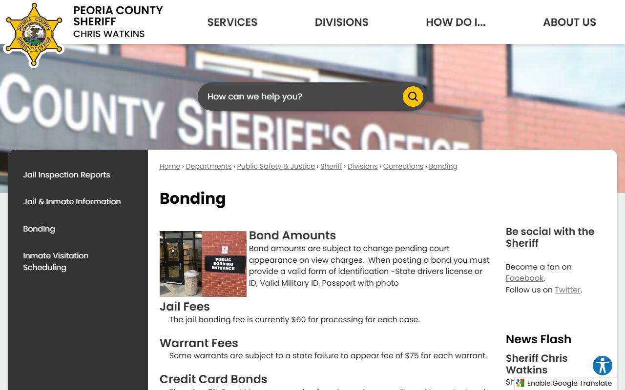 Peoria County Jail bonding page with fees, ID requirement, and phone bond process