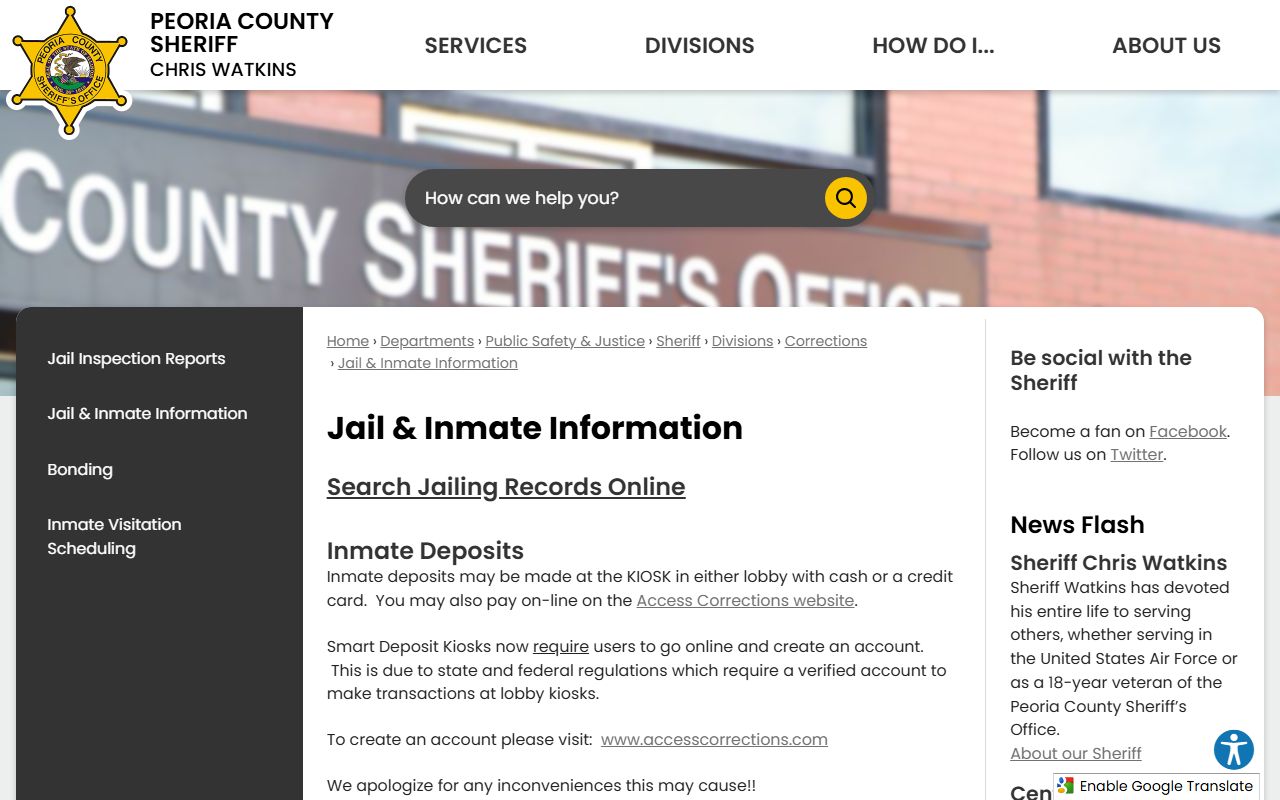 Peoria County jail and inmate information page linking the records portal and inmate line