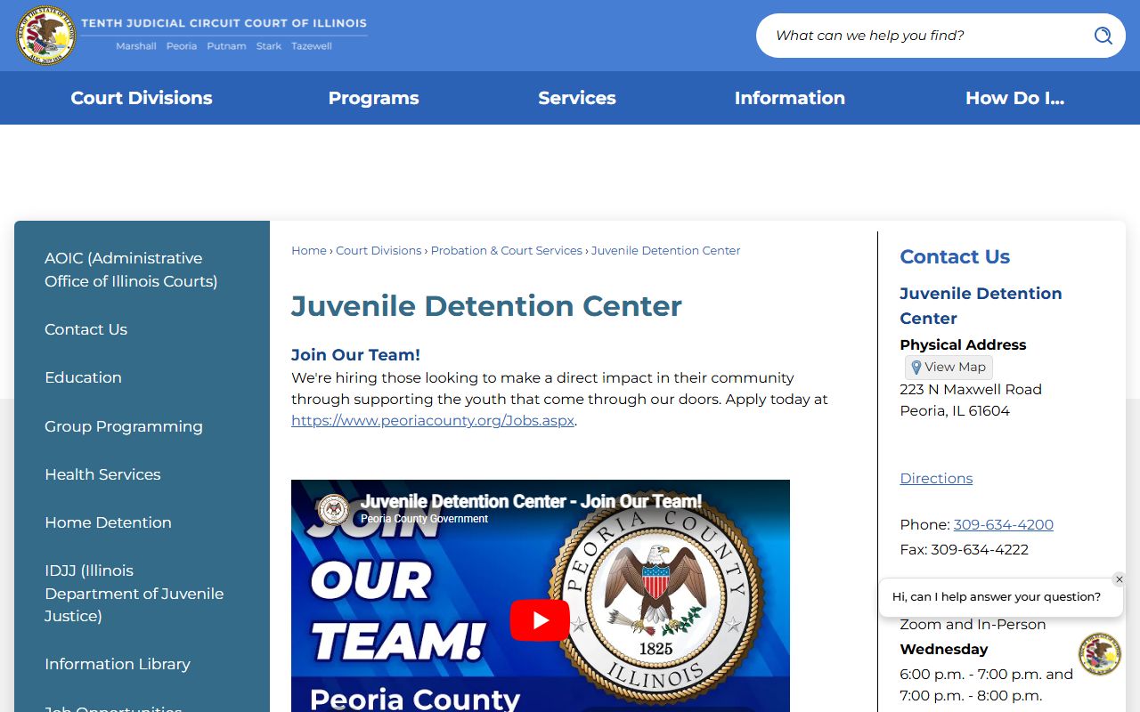 Peoria County Juvenile Detention Center page with capacity, mission, and visitation schedule