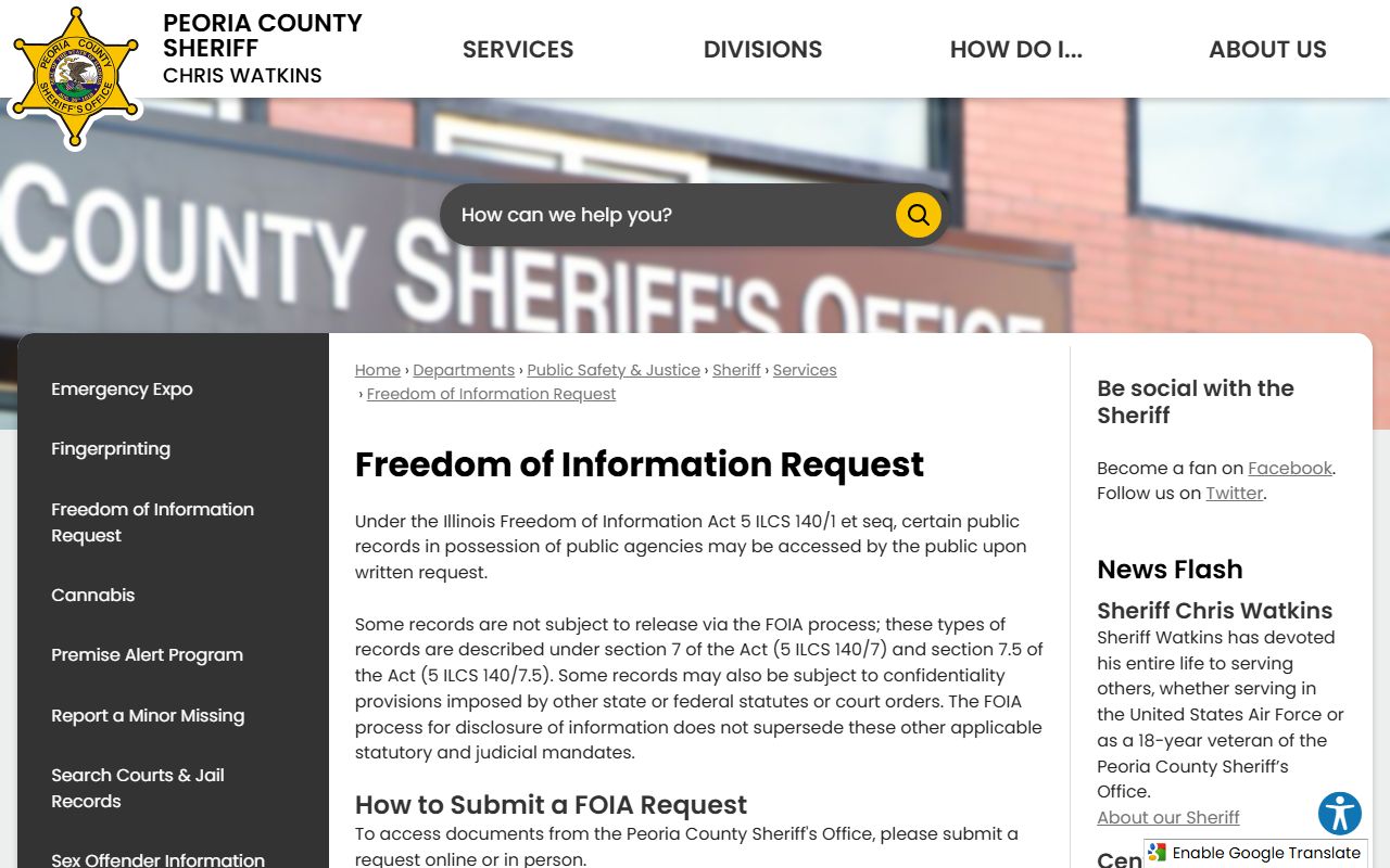 Peoria County Sheriff FOIA page for requesting jail booking photos and records