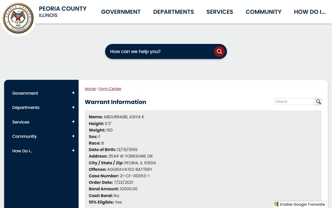 Peoria County warrant information list with name, offense, and case number after an arrest